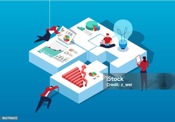 Puzzles And Team Building Stock Illustration - Download Image Now - Puzzle, Isometric Projection, Finance