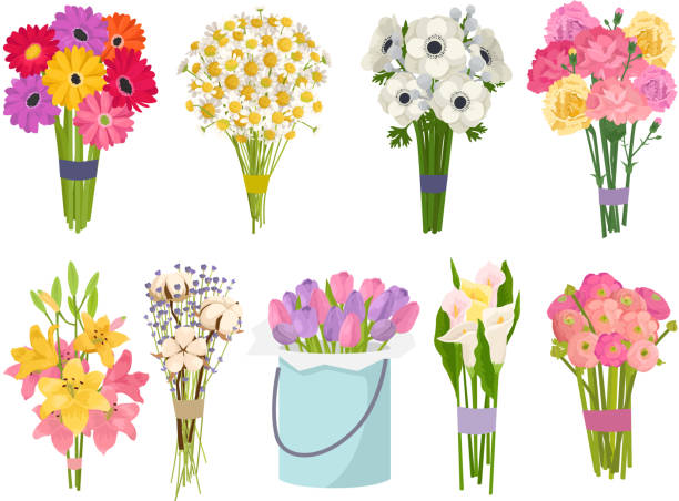 illustrazioni stock, clip art, cartoni animati e icone di tendenza di flowers brunch bouquet set collezione piatto floreale vettoriale giardino illustrazione vettoriale - season spring rose branch