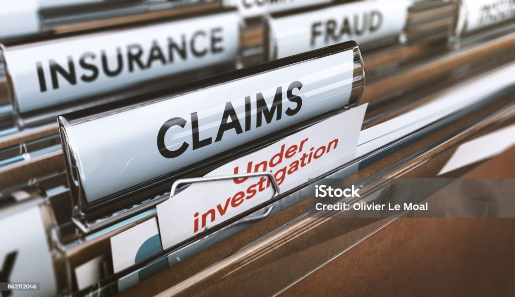 Insurance Company Fraud, Bogus Claims Under Investigations Folder with close up on the word claims and a note where it is written under investigation. Concept of insurance fraud, 3d Illustration Insurance Stock Photo