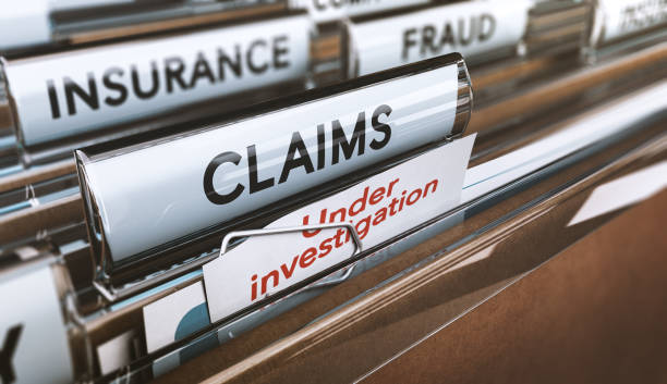 Insurance Company Fraud, Bogus Claims Under Investigations Folder with close up on the word claims and a note where it is written under investigation. Concept of insurance fraud, 3d Illustration claim form stock pictures, royalty-free photos & images