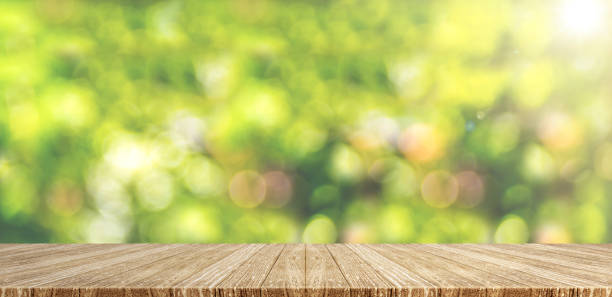 istock Empty wood plank table top with blur green tree in park bokeh light,Mock up for display or montage of product,Banner or header for advertise on social media,Spring background 862112108