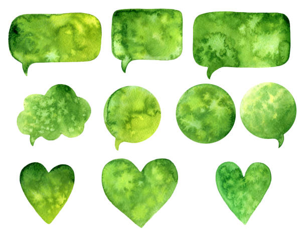 ручная нарисованная зеленая акварель абстрактная текстура краски. raster речи пузырь сердце, всплеск фона. - heart shape grass paper green стоковые фото и изображения