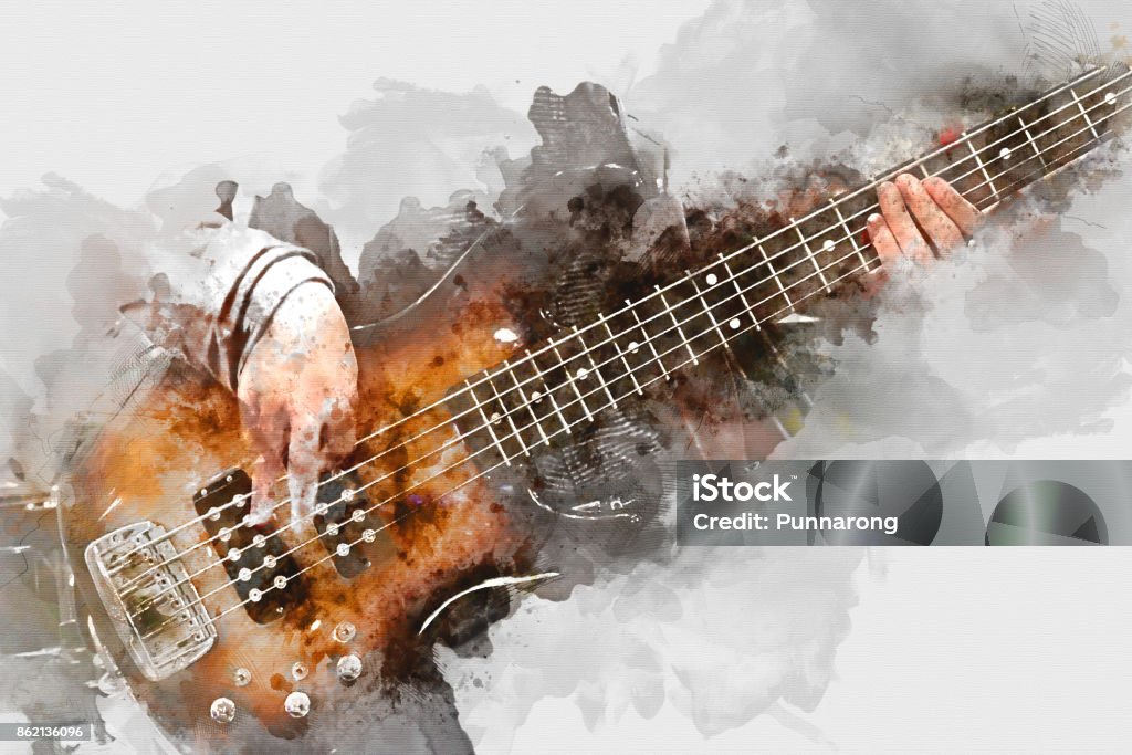 Abstract beautiful playing Guitar in the foreground on colorfiul Watercolor painting background and Digital illustration brush to art. Dancing Stock Photo