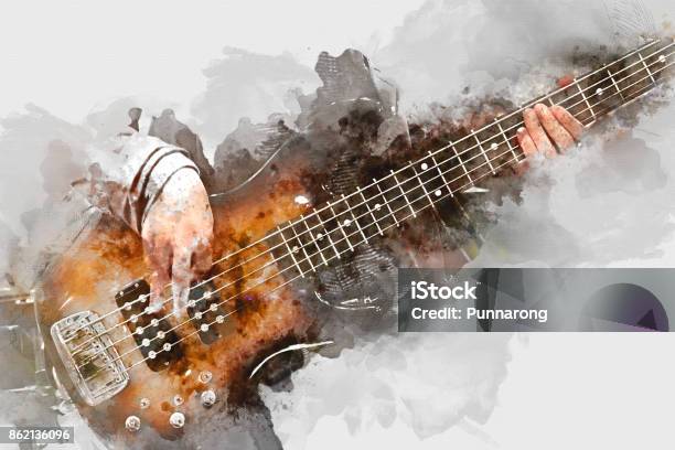 Abstract Beautiful Playing Guitar In The Foreground On Colorfiul Watercolor Painting Background And Digital Illustration Brush To Art Stock Photo - Download Image Now