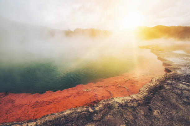 champagne pool en rotorua, nueva zelanda, al amanecer - new zealand geyser champagne park fotografías e imágenes de stock