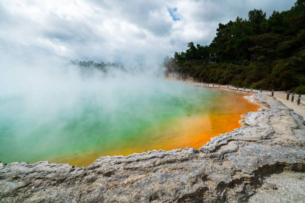 champagne pool en rotorua, nueva zelanda, al amanecer - new zealand geyser champagne park fotografías e imágenes de stock