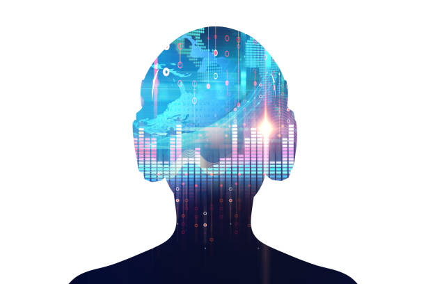 istock 3d illustration of human with headphone on Audio waveform 862136788
