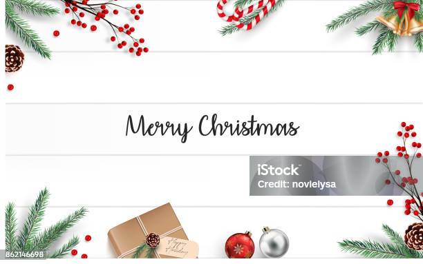 Christmas Decoration On Wooden Background Stock Illustration - Download Image Now - Christmas, Holly, Berry
