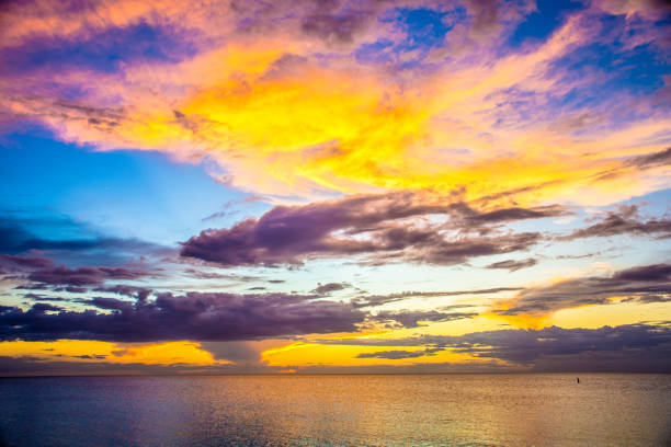 Colorful clouds during sunset during a springtime evening. Some of the clouds are illuminated by the last rays of sunlight.