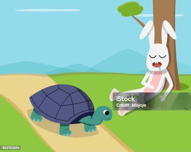 Rabbit Sleep Under Tree While Tortoise Run On Road Stock Illustration - Download Image Now - Hare, Turtle, Tortoise