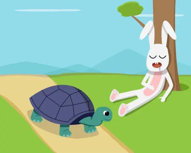 Vector illustration of Rabbit sleep under tree while tortoise run on road