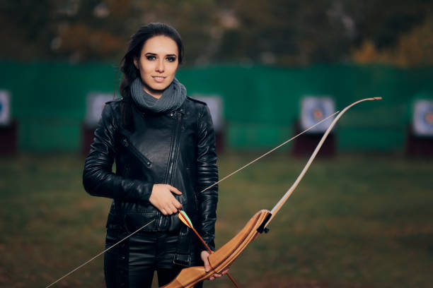 Archer Woman with Bow and Arrow in Target  Training