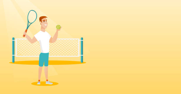 ilustrações de stock, clip art, desenhos animados e ícones de young caucasian tennis player - tennis court men racket
