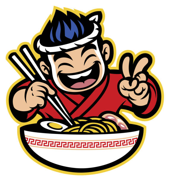 ilustrações, clipart, desenhos animados e ícones de chef de desenho animado japonês comendo o ramen - kanji japanese script food japan