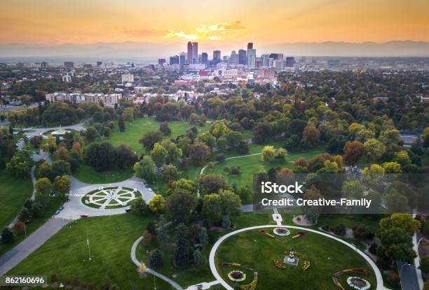 Sunset Over Denver Cityscape Aerial View From The Park Stock Photo - Download Image Now