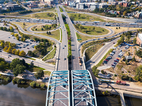 Arch bridge on Speer boulevard in Denver aerial view