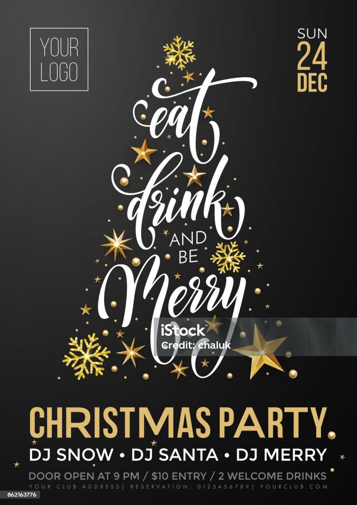 Merry Christmas party poster greeting vector golden decoration snowflake New Year background Christmas party invitation poster template of golden New Year decoration, Christmas tree of gold glitter star and snowflakes on premium black background. Vector calligraphy text for winter holiday Christmas stock vector