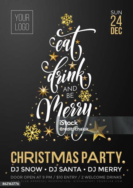 Merry Christmas Party Poster Greeting Vector Golden Decoration Snowflake New Year Background Stock Illustration - Download Image Now