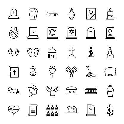 Funeral icon set. Collection of high quality outline Burial pictograms in modern flat style. Black angel, coffin, deth, grave  logo for web design and mobile app on white background.