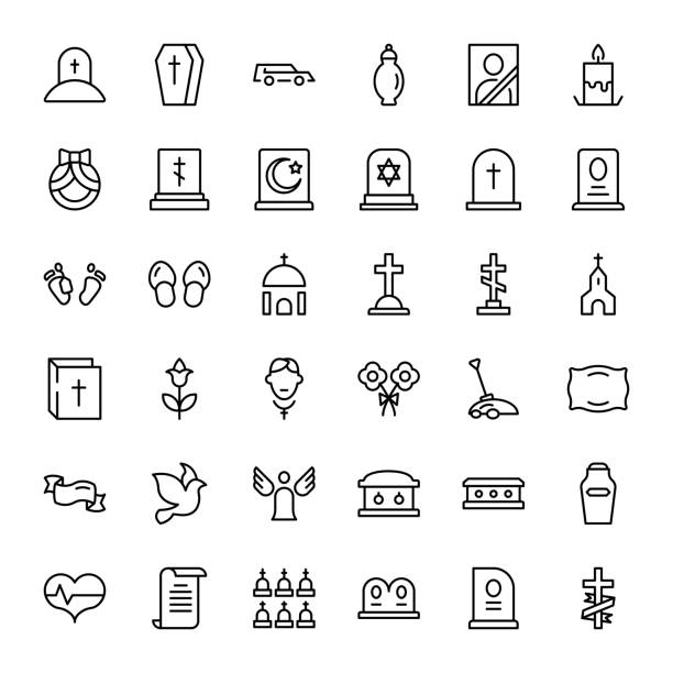 Funeral icon set Funeral icon set. Collection of high quality outline Burial pictograms in modern flat style. Black angel, coffin, deth, grave  logo for web design and mobile app on white background. death stock illustrations