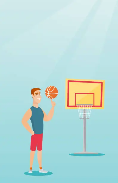 Vector illustration of Young caucasian basketball player spinning a ball