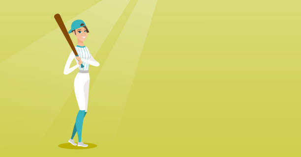 ilustraciones, imágenes clip art, dibujos animados e iconos de stock de jugador de béisbol caucásico joven con un bate - baseball baseball bat baseballs baseball diamond