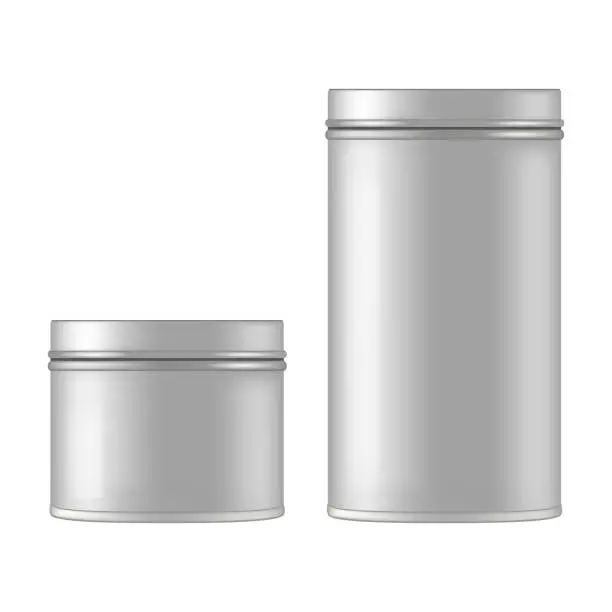 Vector illustration of Mock up of round metal tin can for gift. Vector isolated on white background