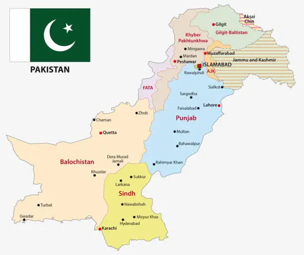 Vector illustration of Pakistan administrative and political map with flag