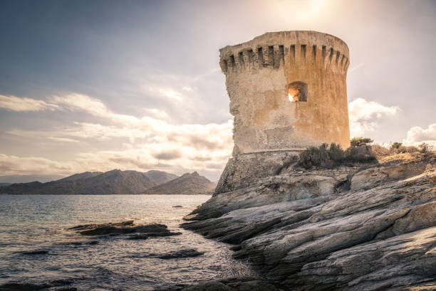 Genoese tower at Mortella near St Florent in Corsica stock photo