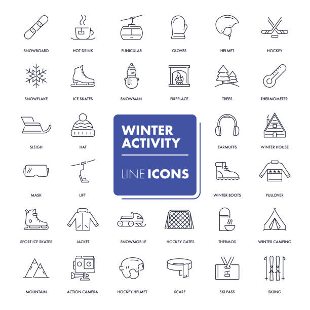 zeile icons set. winteraktivitäten - skiing ski snow competition stock-grafiken, -clipart, -cartoons und -symbole