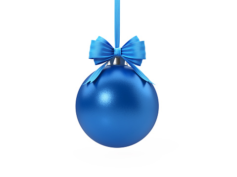 Blue Christmas bauble tied with blue velvet ribbon over white background. Clipping path included. Horizontal composition with copy space. Great use for Christmas related concepts.