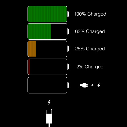 Battery icons set. empty, partly charged, half charged, fully charged