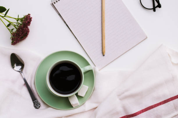 istock Notepad and cup of coffee on white background. 862179466