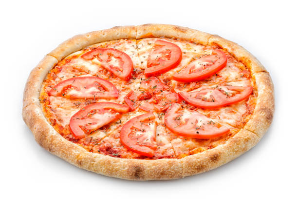 istock Delicious fresh pizza on a lush dough on a white background. Fresh italian pizza classic original with slices of tomatoes. Side view 862180532