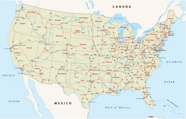 ilustrações de stock, clip art, desenhos animados e ícones de road map of the united states of america - interstate