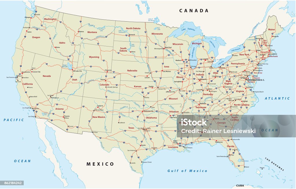 Road map of the united states of america Road vector map of the united states of america Map stock vector