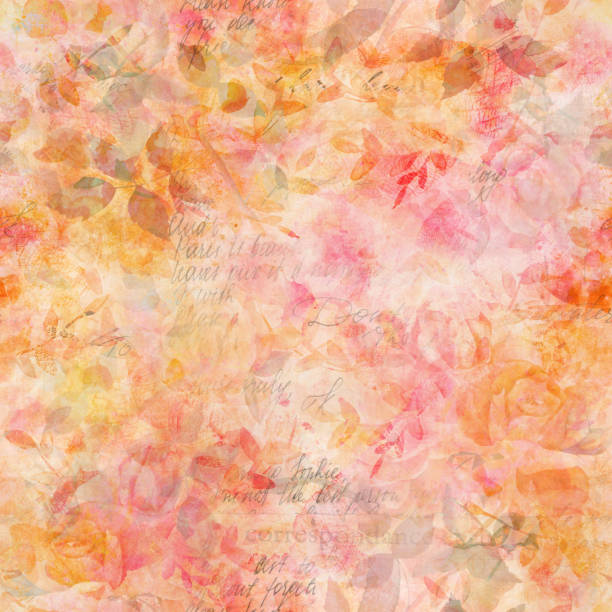 ilustrações de stock, clip art, desenhos animados e ícones de toned seamless pattern with watercolor roses and faded texts - leaf paper autumn textured