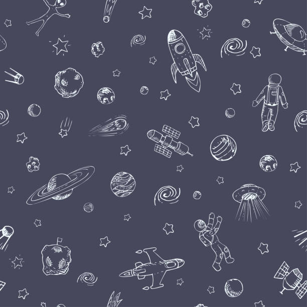 Chalk seamless pattern with space objects. Chalk seamless pattern with space objects. Space ships, rockets, planets, flying saucers, cosmonauts, stars, comets, satellites, ufo etc. Hand drawn style. rocketship patterns stock illustrations