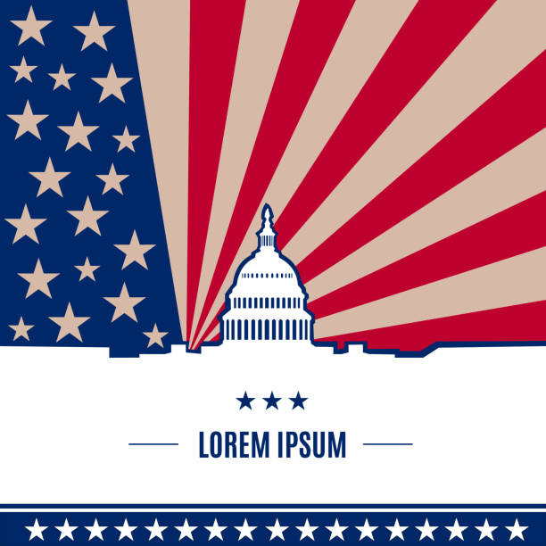 White house and Capitol building white silhouette with text place on it on amecican flag in flat style USA presidential election day concept with american flag on background in flat style. White house and Capitol building light silhouette with text place on it. Vector illustration democratic party logo stock illustrations