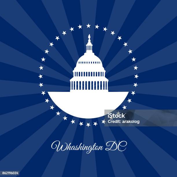 Ilustración de Casa Blanca De Washington Dc Y El Capitolio Edificio Arounded Estrellas Sobre Fondo De Rayas Oscuro y más Vectores Libres de Derechos de Washington DC