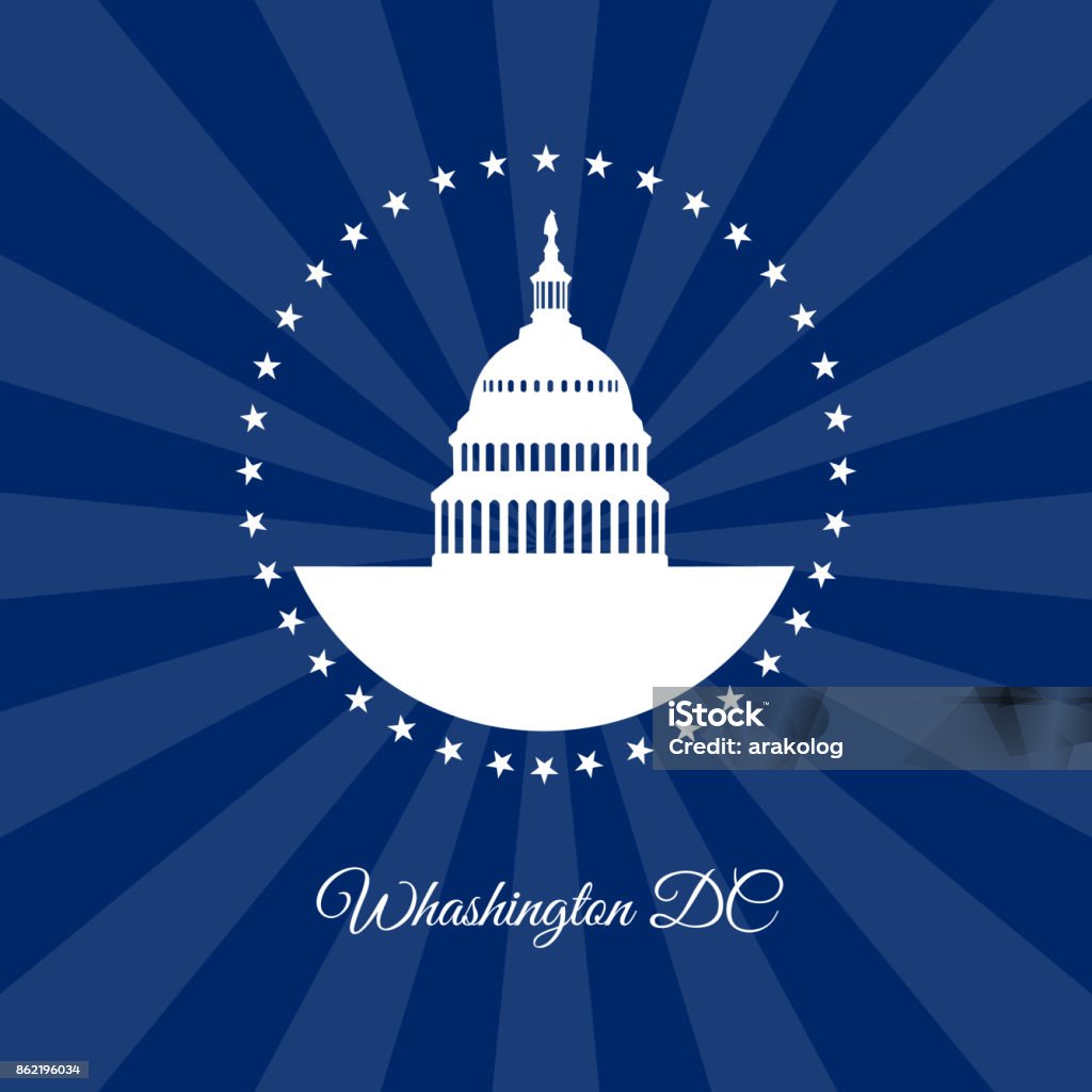 Maison blanche de Washington DC et Capitole arounded étoiles sur fond foncé rayons - clipart vectoriel de Washington DC libre de droits