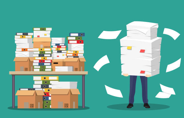 Businessman holds pile of office papers and documents. Businessman holds pile of office papers and documents. Documents and file folders on table. Routine, bureaucracy, big data, paperwork, office. Vector illustration in flat style bureaucracy stock illustrations