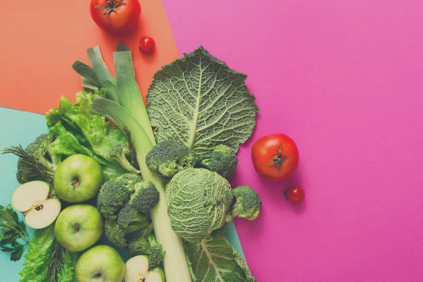 istock Flat lay of raw vegetables on abstract background 862200042