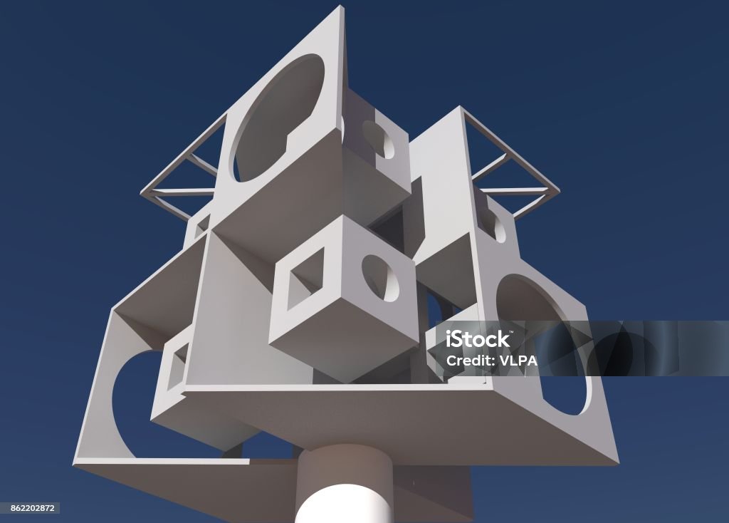 Architectural fantasy. Abstract design. Cubic structure standing on column. 3D rendering. Perspective view. Sculpture Stock Photo