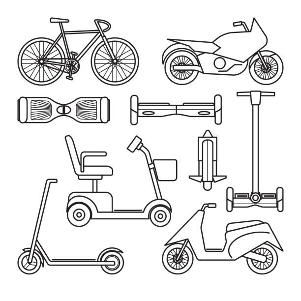 Collection of bike and scooter icons Collection of bike and scooter icons in line art style, isolated on white. City eco transport symbols set. helicopter seat stock illustrations