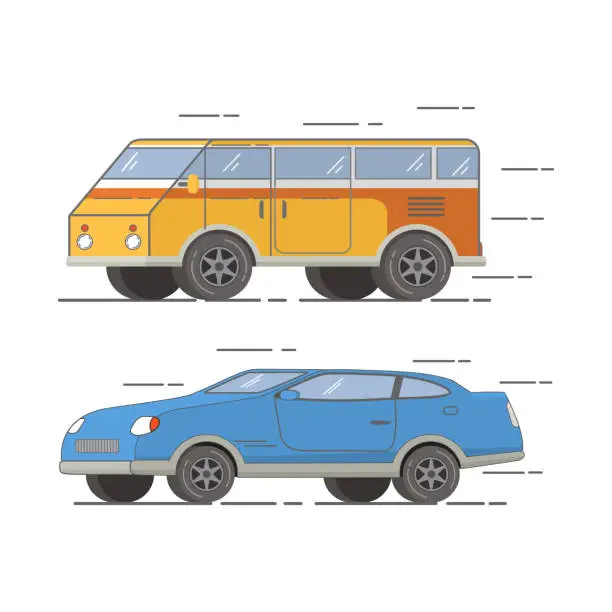 Vector illustration of The tourist van for trips to the country and on the nature.Set of vehicle.Double sports sedan coupe.Tour bus.