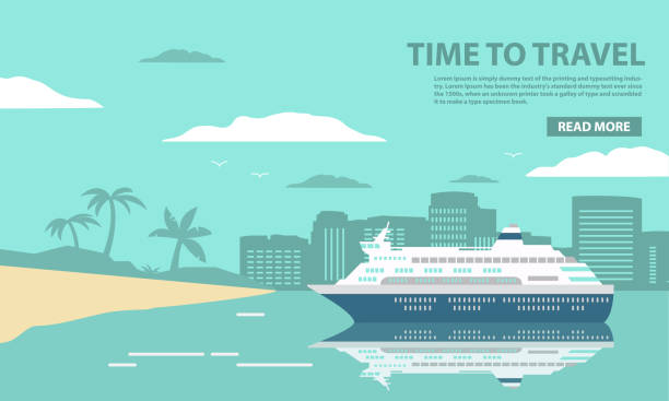 The cruise ocean liner passenger of a tropical sea landscape with palm trees and the sandy beach. The city on the island for summer holiday of tourists during the holiday.In flat a vector. bay of water illustrations stock illustrations