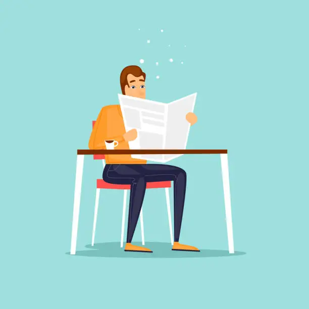 Vector illustration of Guy sitting reading a newspaper cafe. Flat design vector illustration.