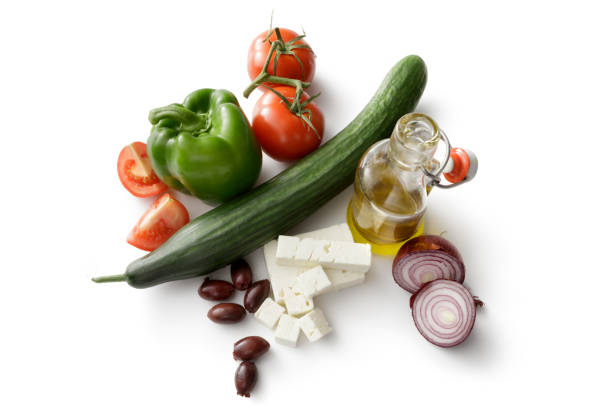 Salads: Ingredients for Greek Salad Isolated on White Background