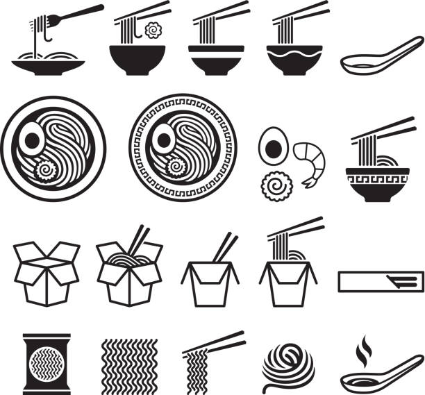 ilustraciones, imágenes clip art, dibujos animados e iconos de stock de conjunto de iconos de tallarines. - noodle soup